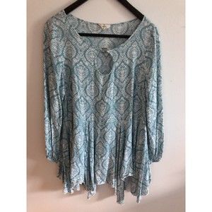Entro Women’s Large Tunic Dress Rayon Turquoise Keyhole Boho Peasant Flowy